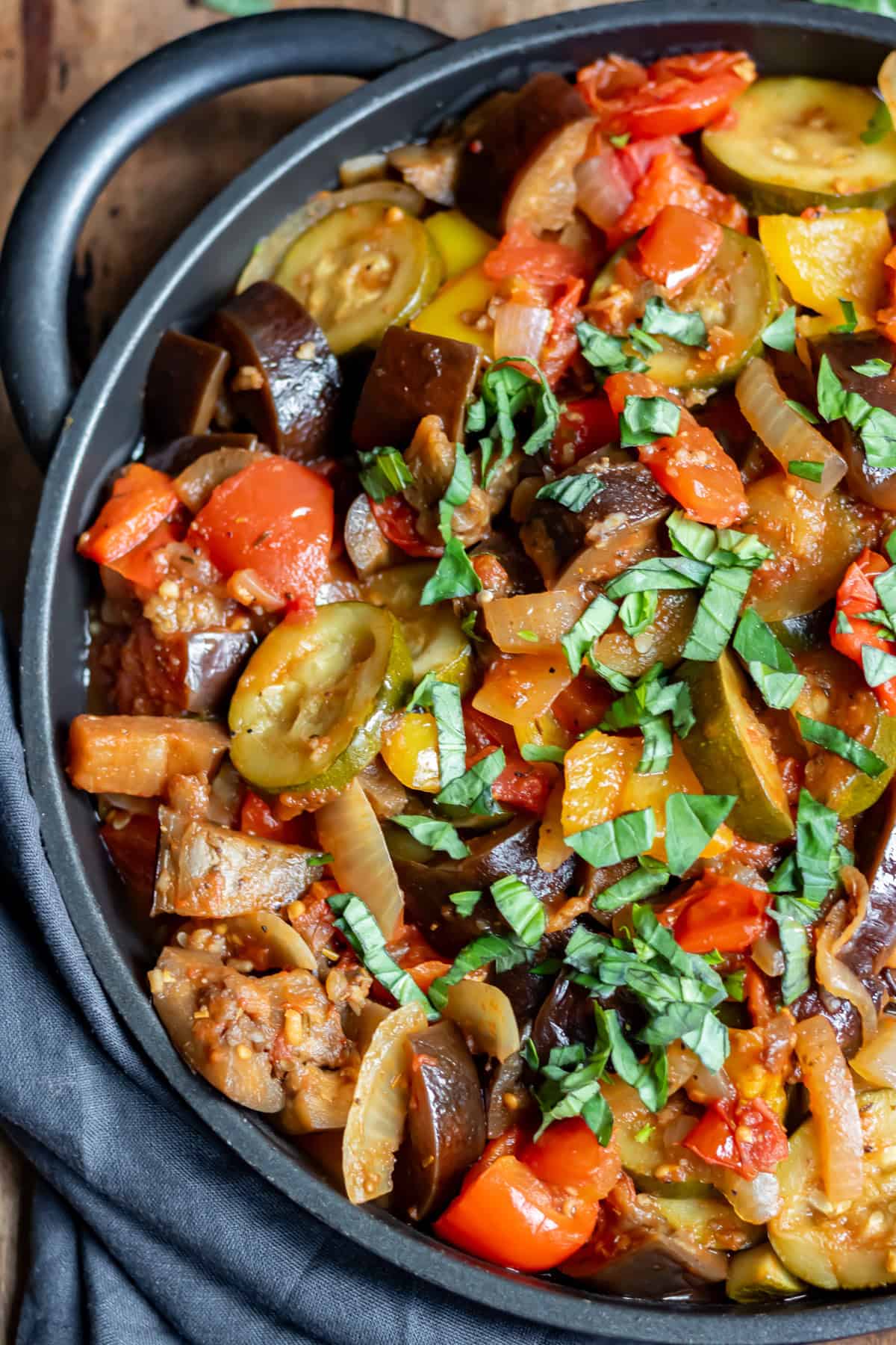 Close up of a serving dish of slow cooker ratatouille.