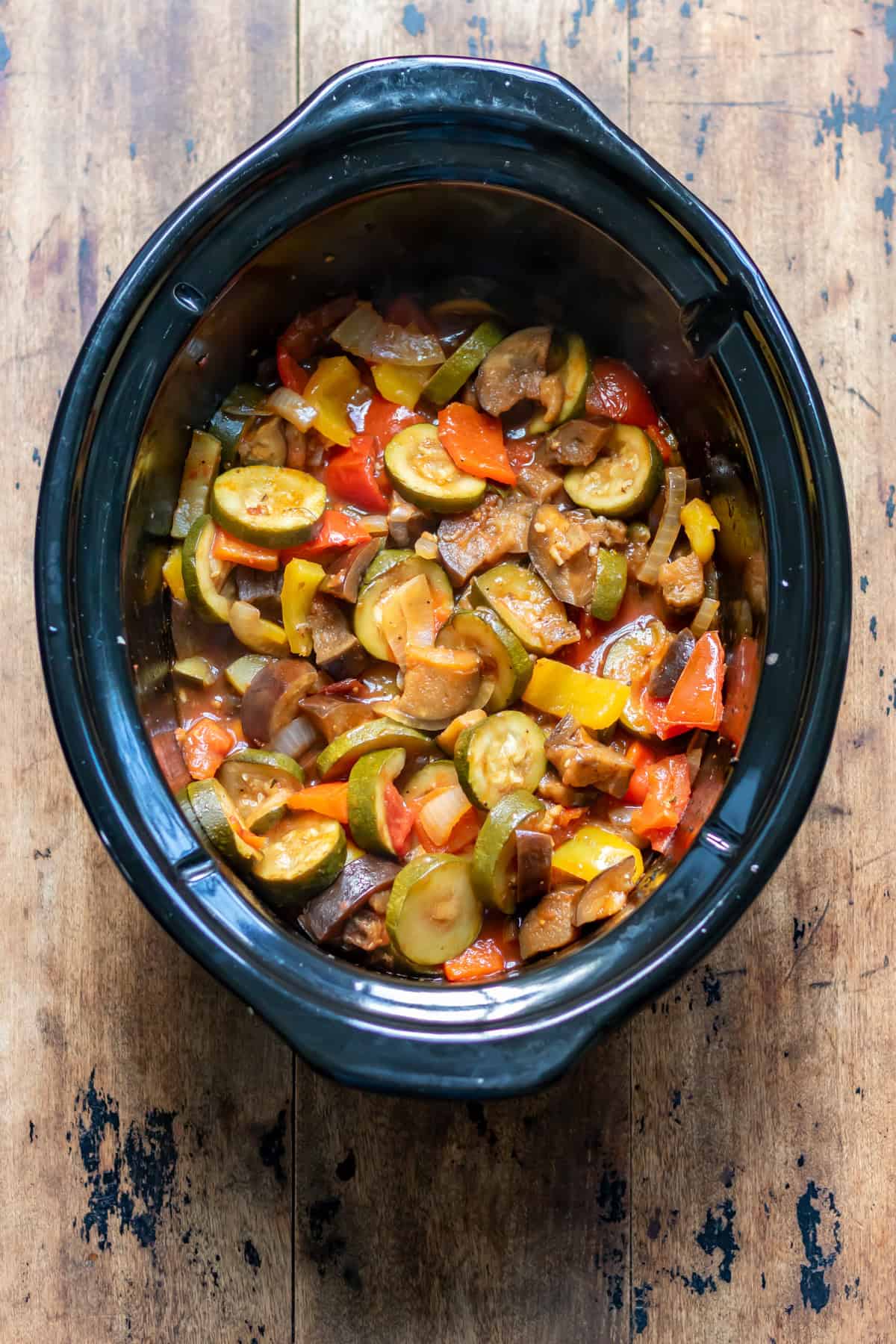 Cooked slow cooker ratatouille in the crock pot.