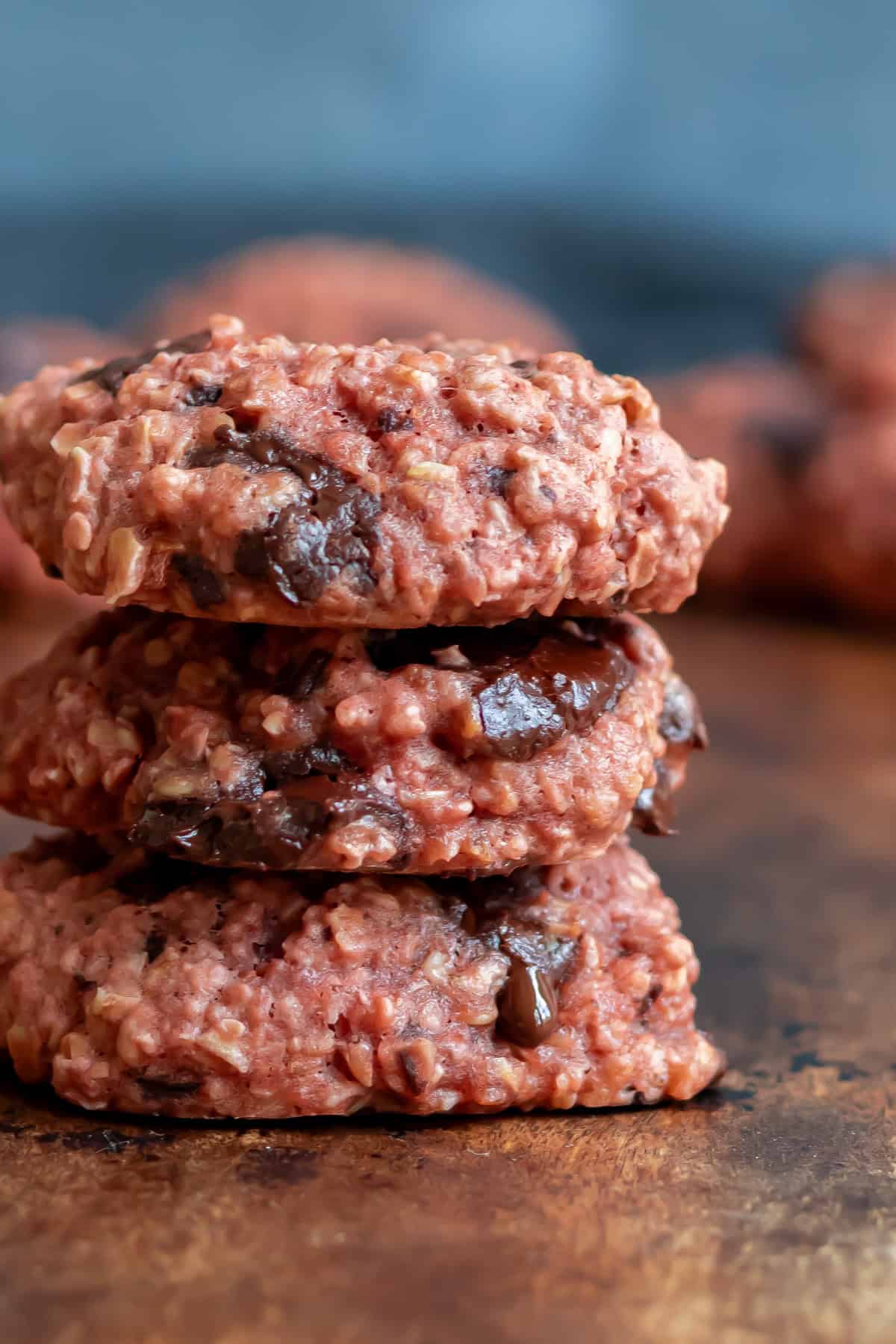 Close up of chocolate chunk beetroot cookies.