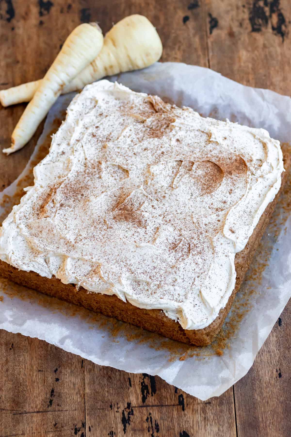 Parsnip cake with nutmeg buttercream frosting.