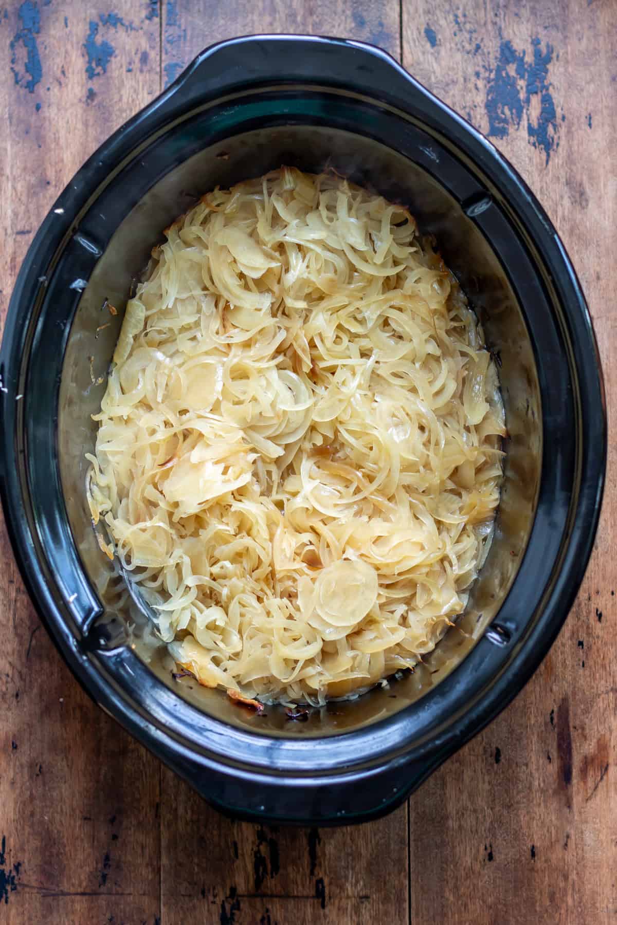 Starting stages of slow cooking the caramelized onions.