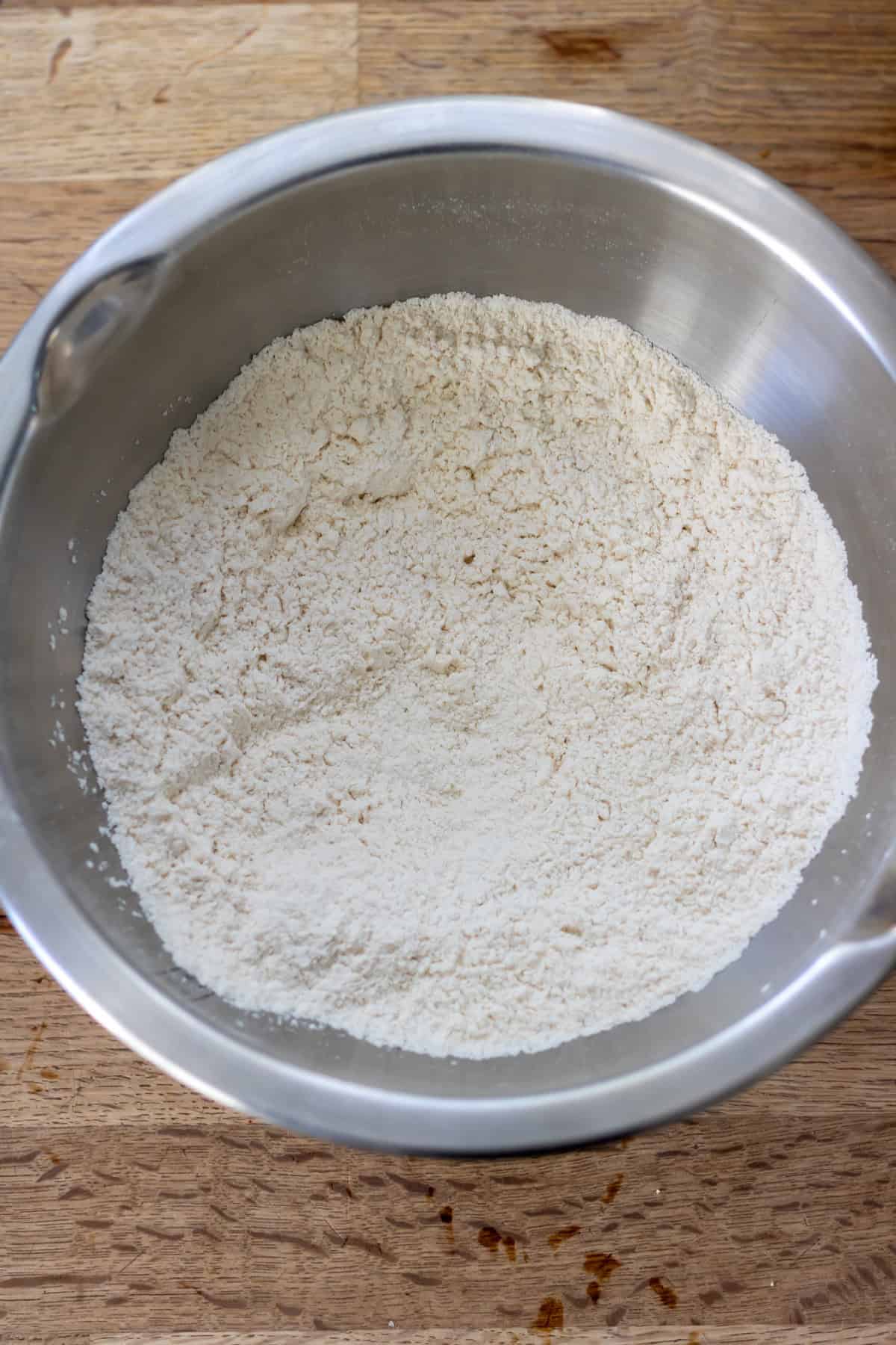 Whisked dry ingredients in a bowl.