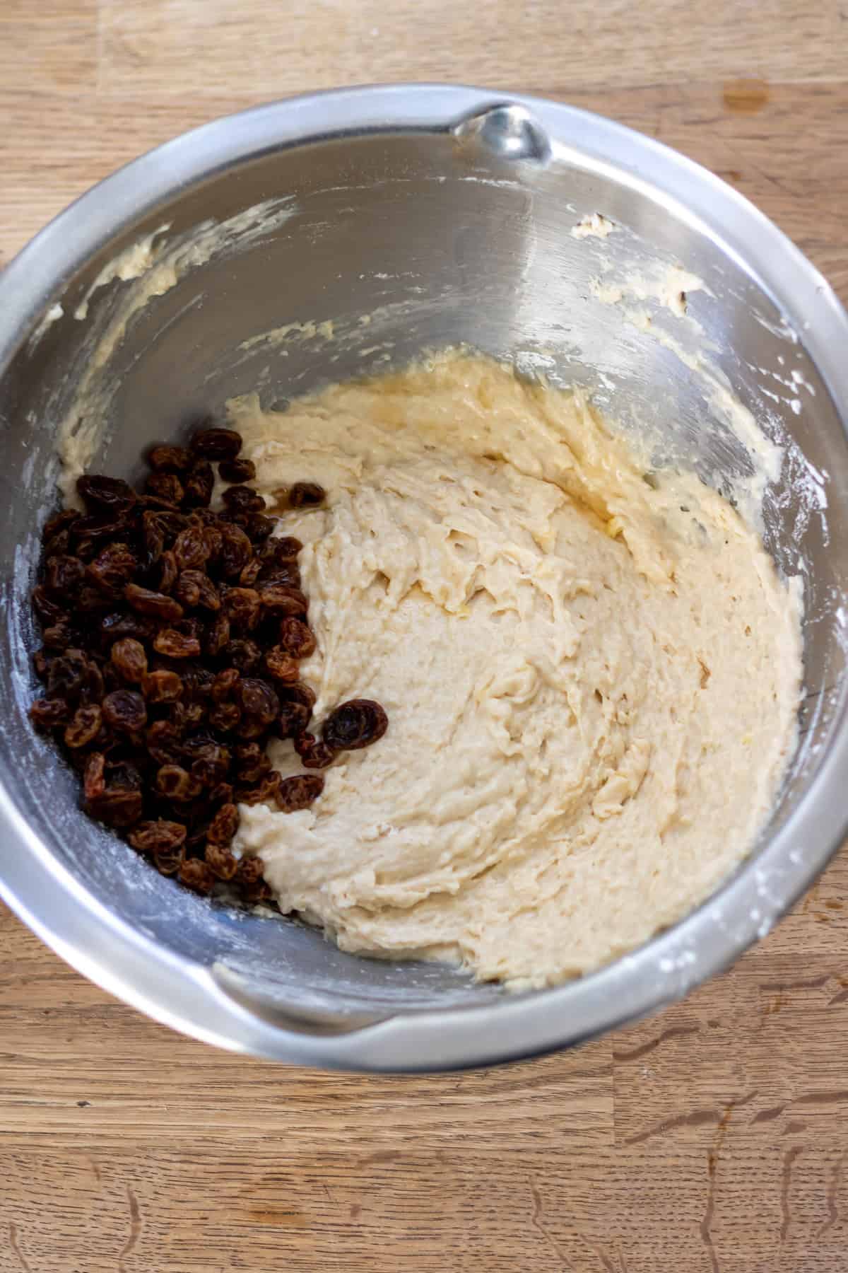 Raisins added to the soda bread muffin batter.