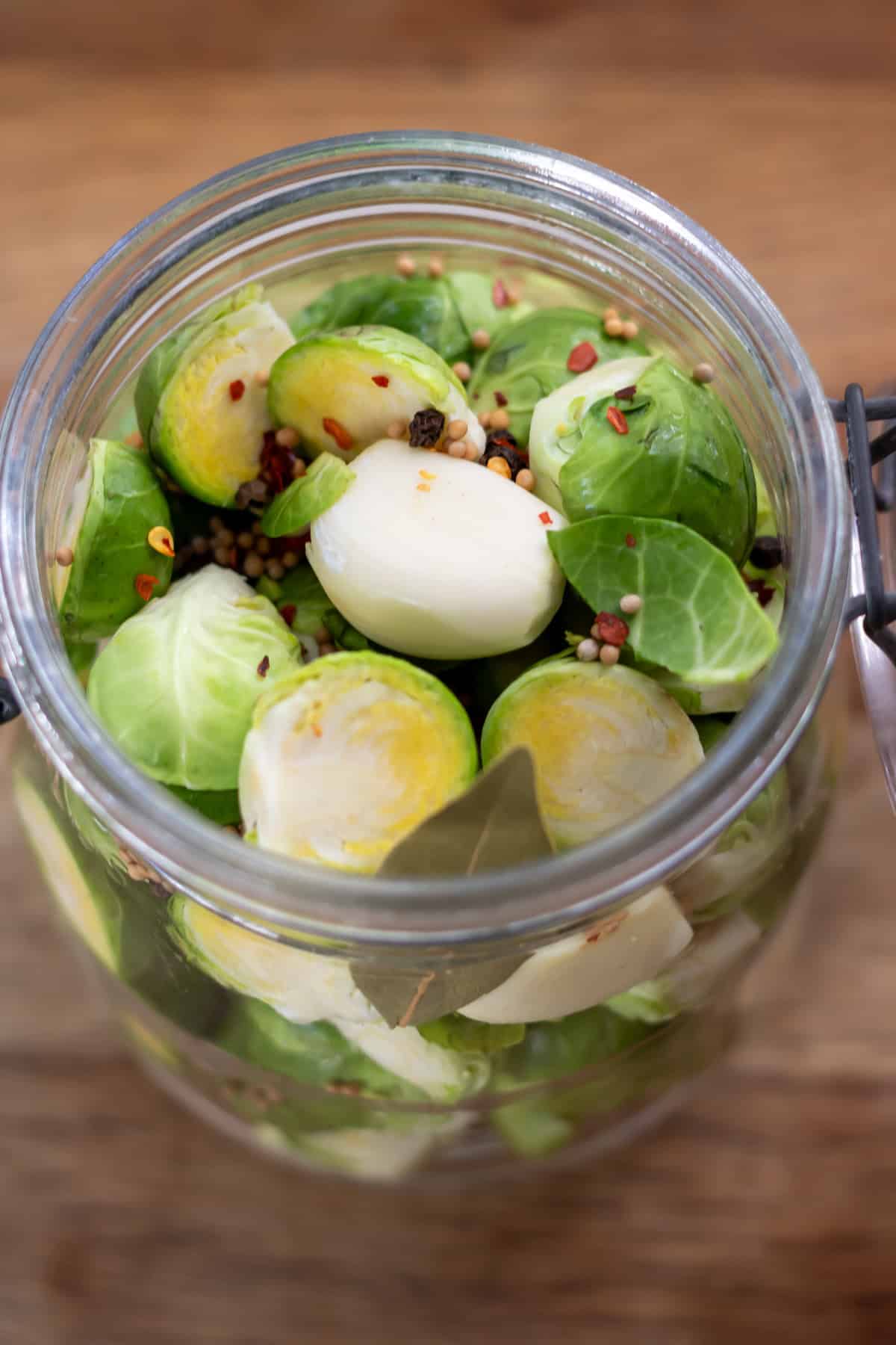 Looking down into the jar with sprouts, garlic and spices.