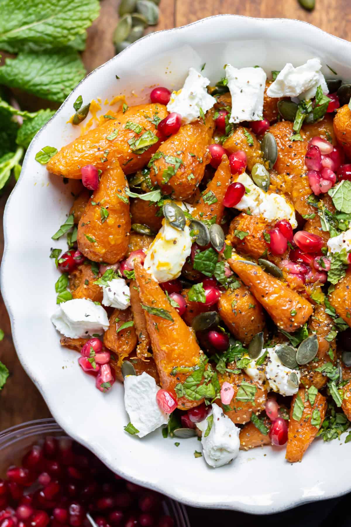 Close up of the dish of roasted carrot salad.