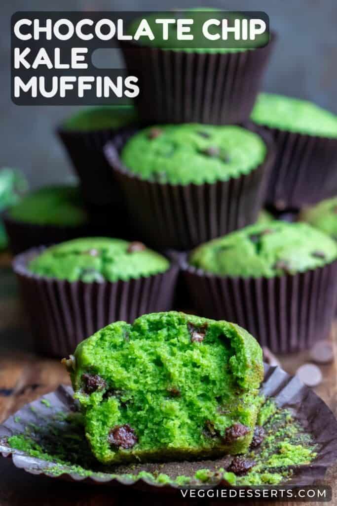 Muffin with a bite out, with text: Chocolate Chip Kale Muffins.