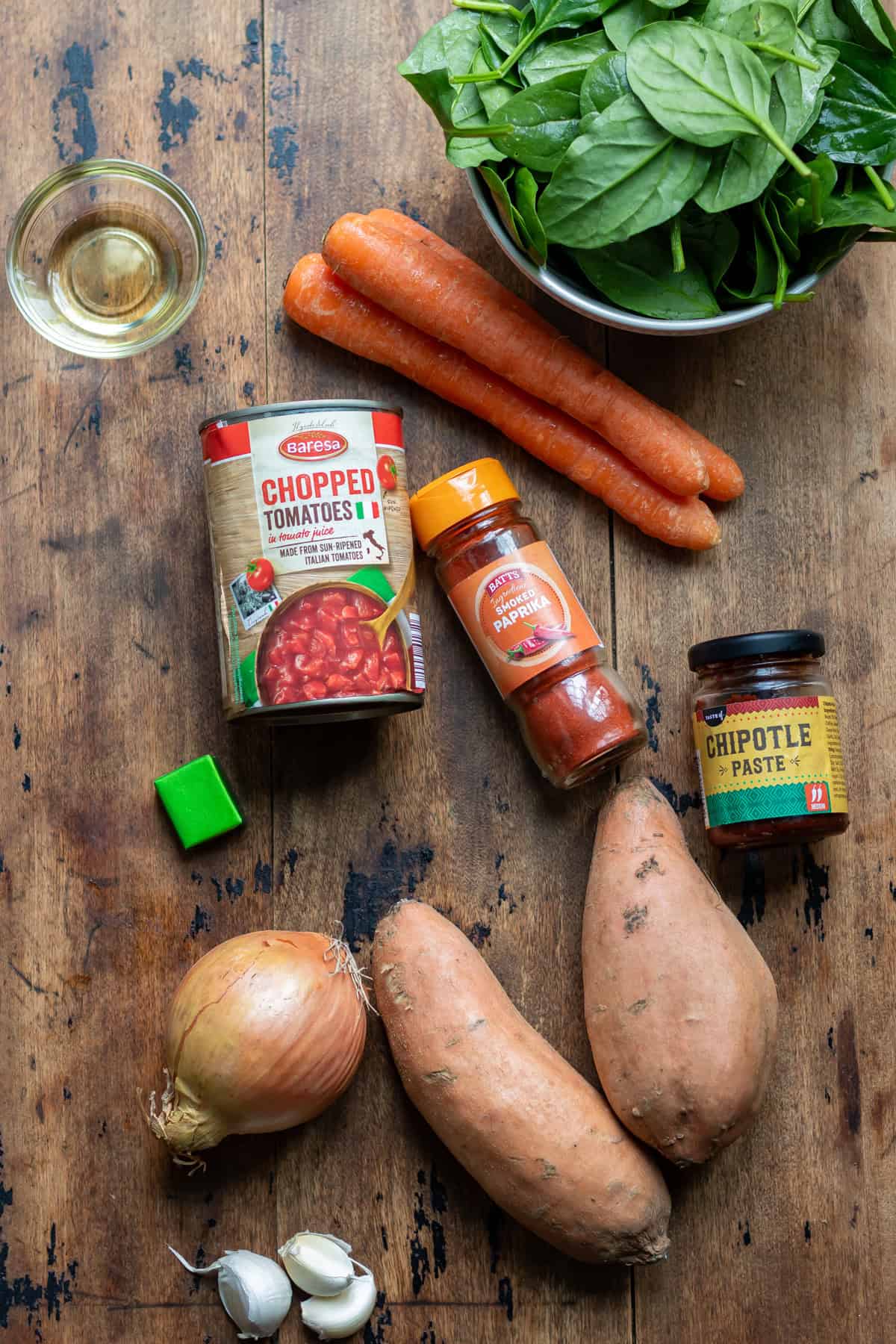 Ingredients for Chipotle Sweet Potato Soup on a table.