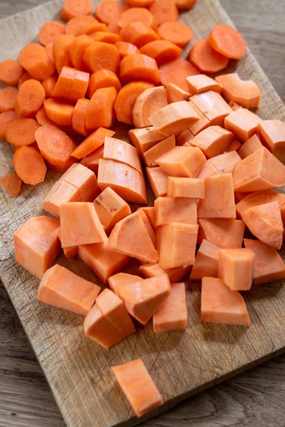 Chopped carrots and sweet potatoes.