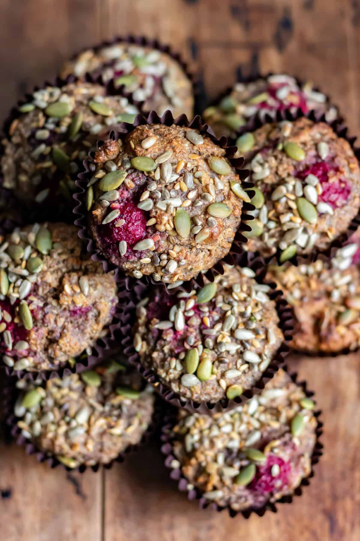 Looking down at a stack of high fiber muffins.
