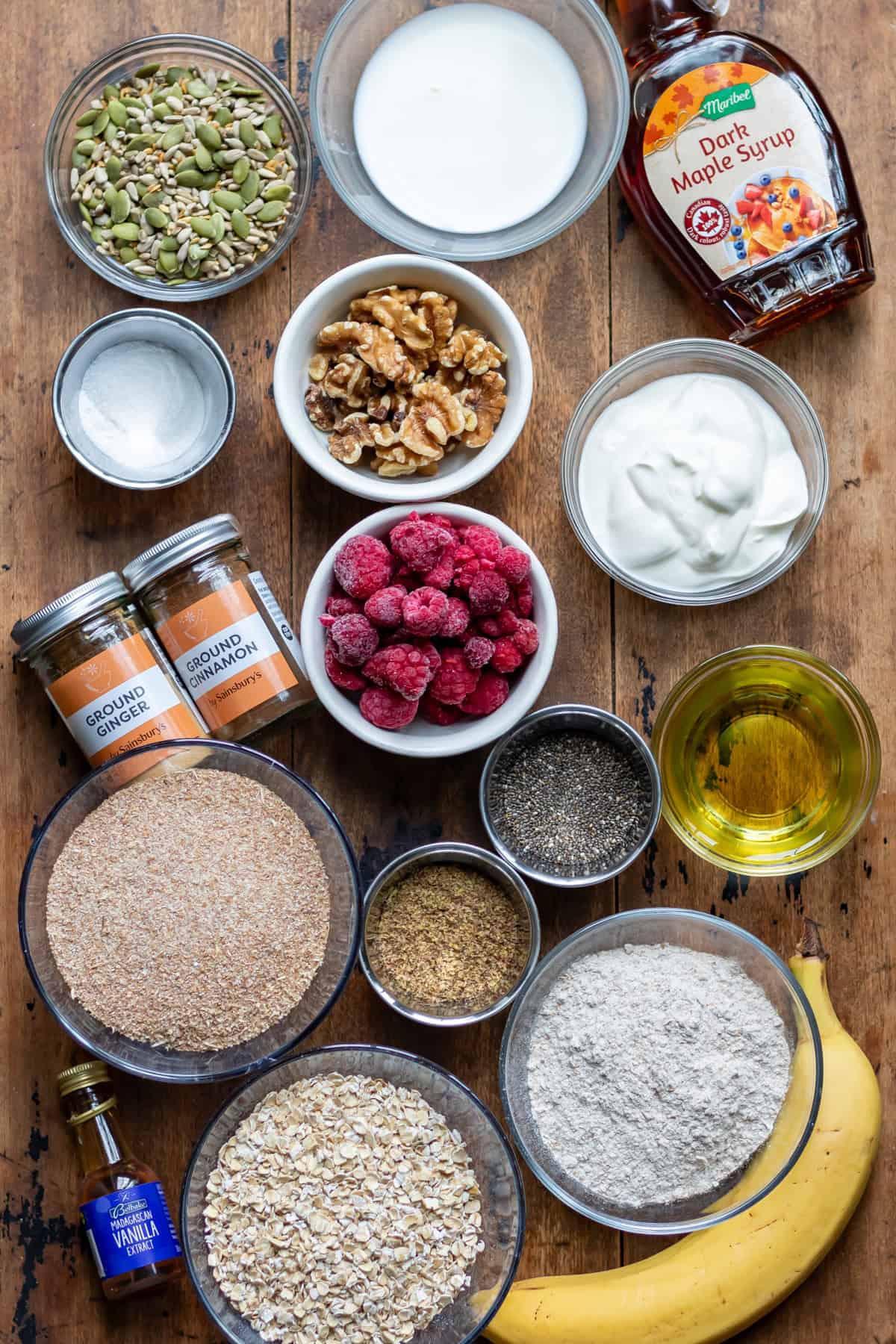 Ingredients for high fiber muffins on a table.