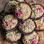 Looking down at a stack of high fiber muffins.