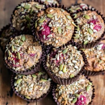 Looking down at a stack of high fiber muffins.
