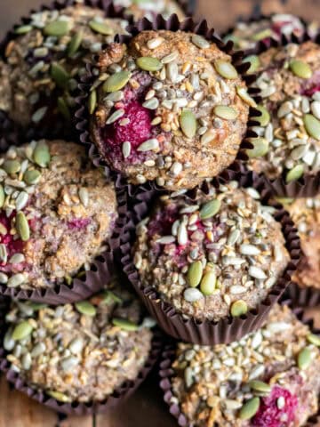 Looking down at a stack of high fiber muffins.