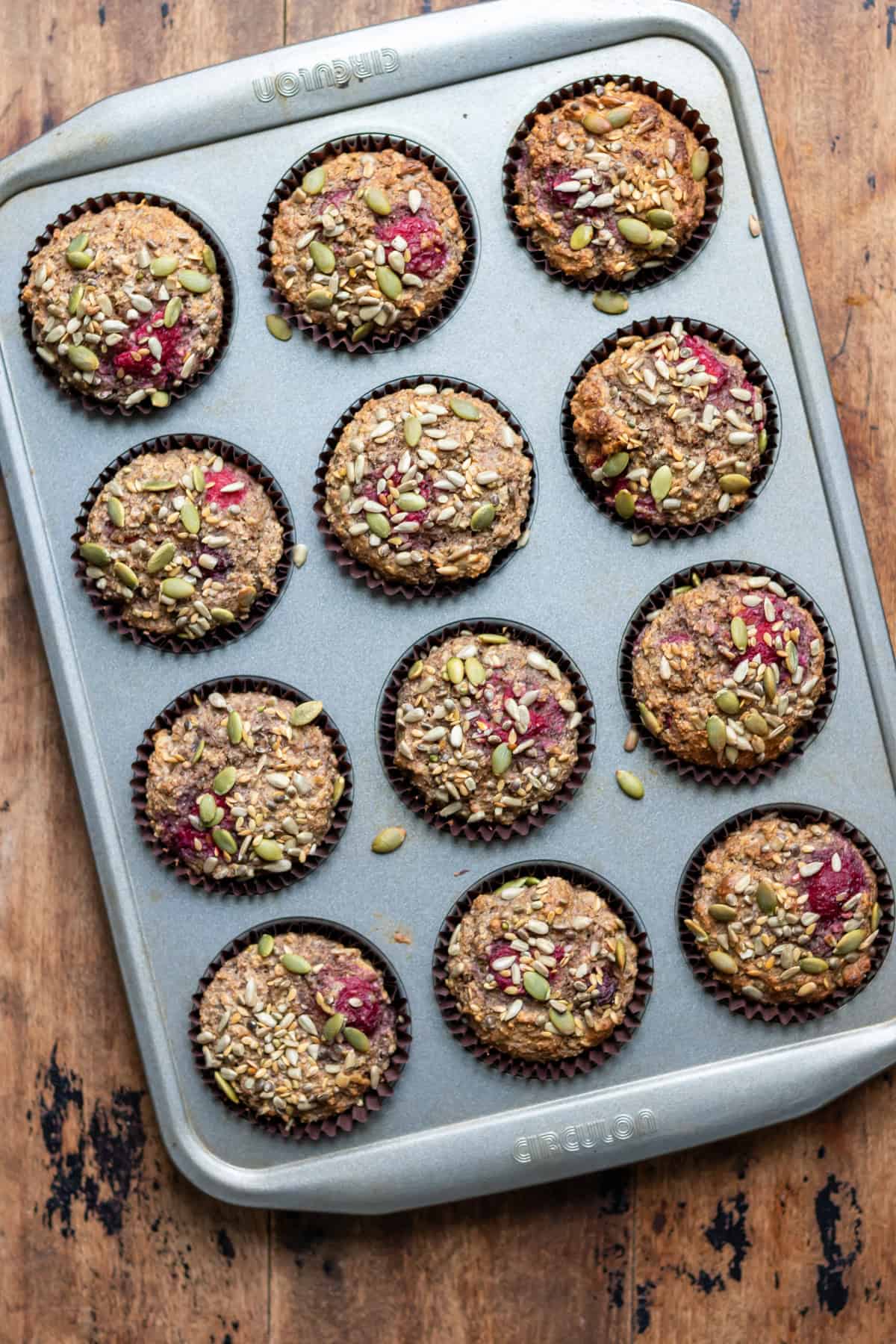 Baked high fibre muffins in a muffin pan.