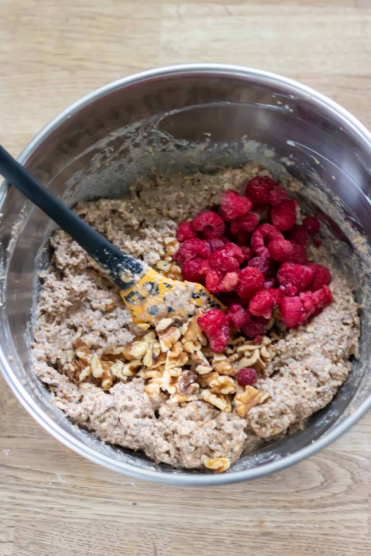 Frozen raspberries and chopped walnuts added to the batter.