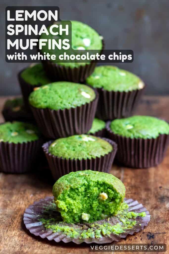Muffin with a bite out, with text: Lemon Spinach Muffins with White Chocolate Chips.