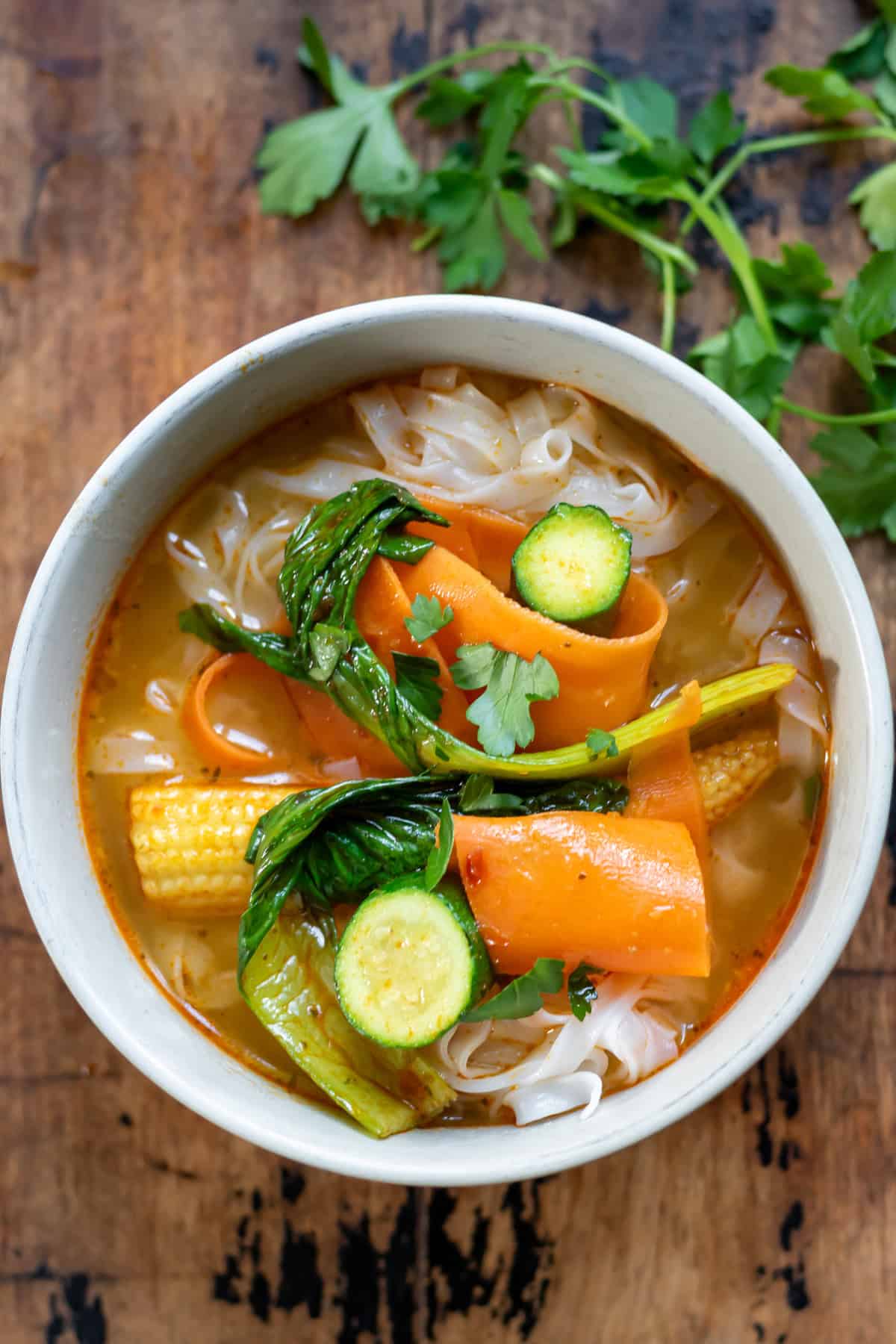 A bowl of Thai Vegetable Noodle Soup.