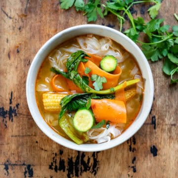 A bowl of Thai Vegetable Noodle Soup.