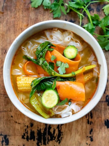 A bowl of Thai Vegetable Noodle Soup.