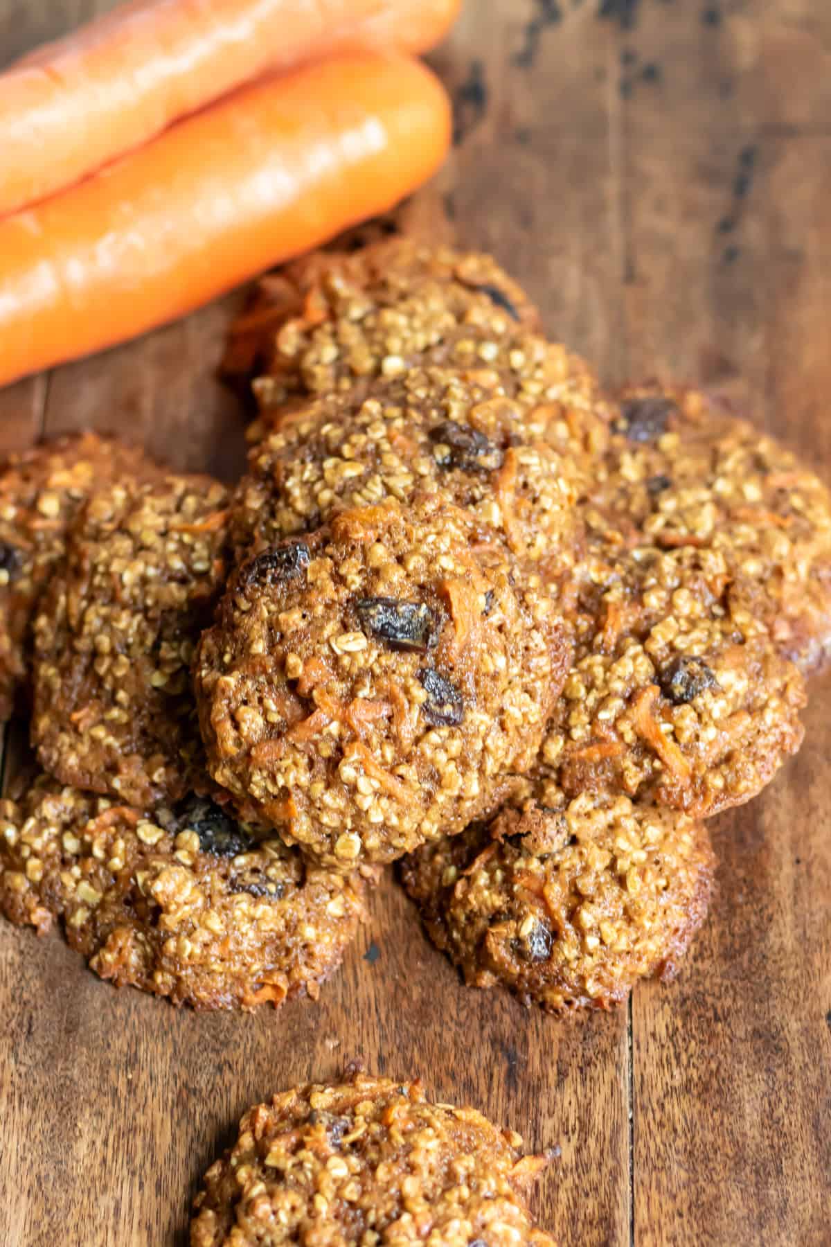 Looking down at a pile of carrot cookies.