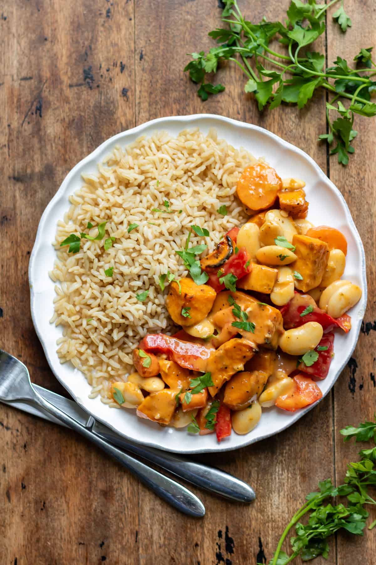 Plate of brown rice and Sweet Potato Thai Red Curry.