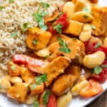 Close up of a plate of rice and Sweet Potato Thai Red Curry.