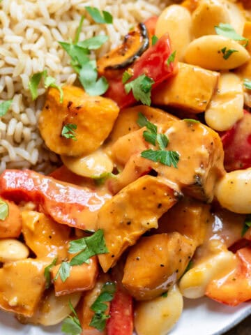 Close up of a plate of rice and Sweet Potato Thai Red Curry.