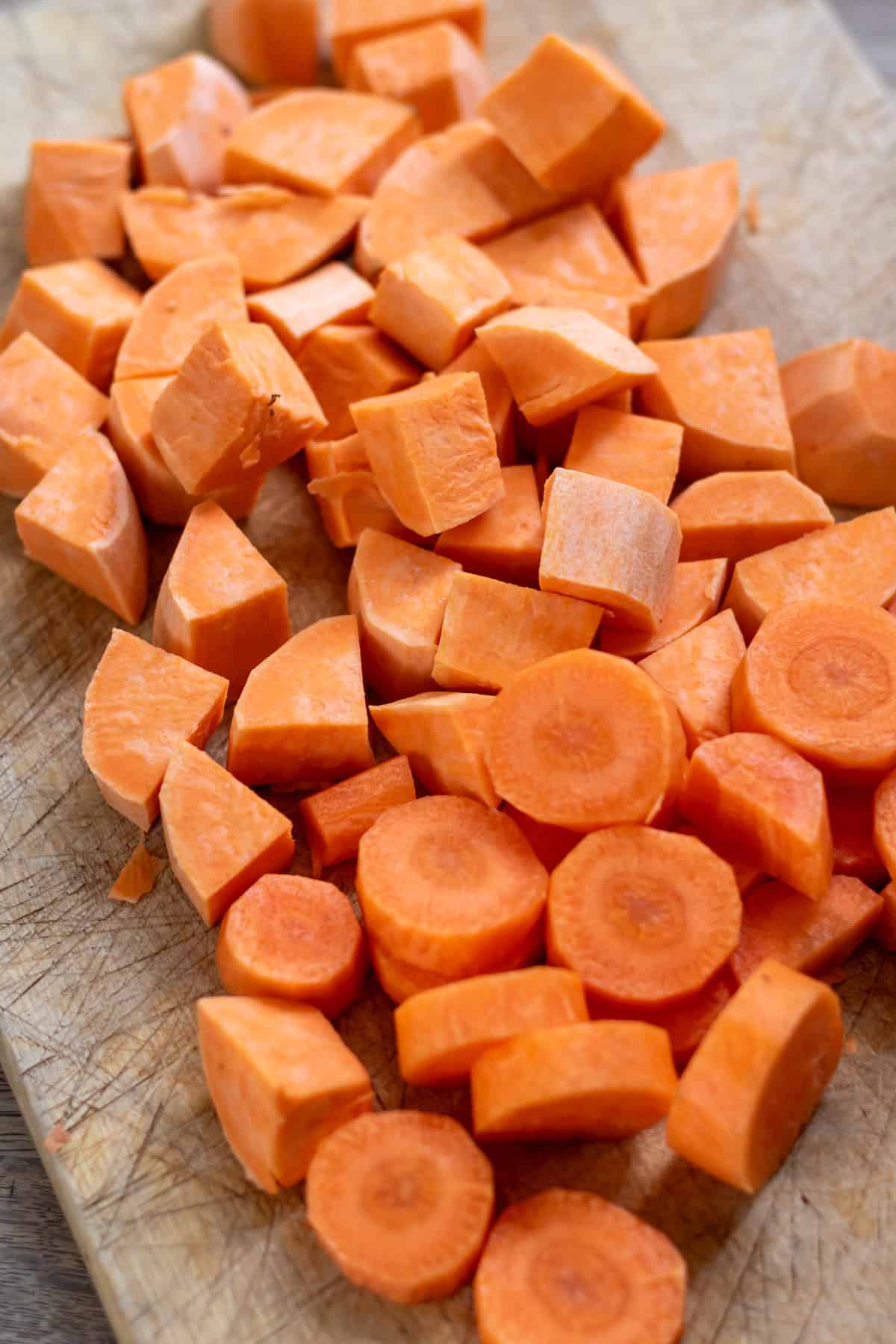 Chopped carrots and sweet potatoes.
