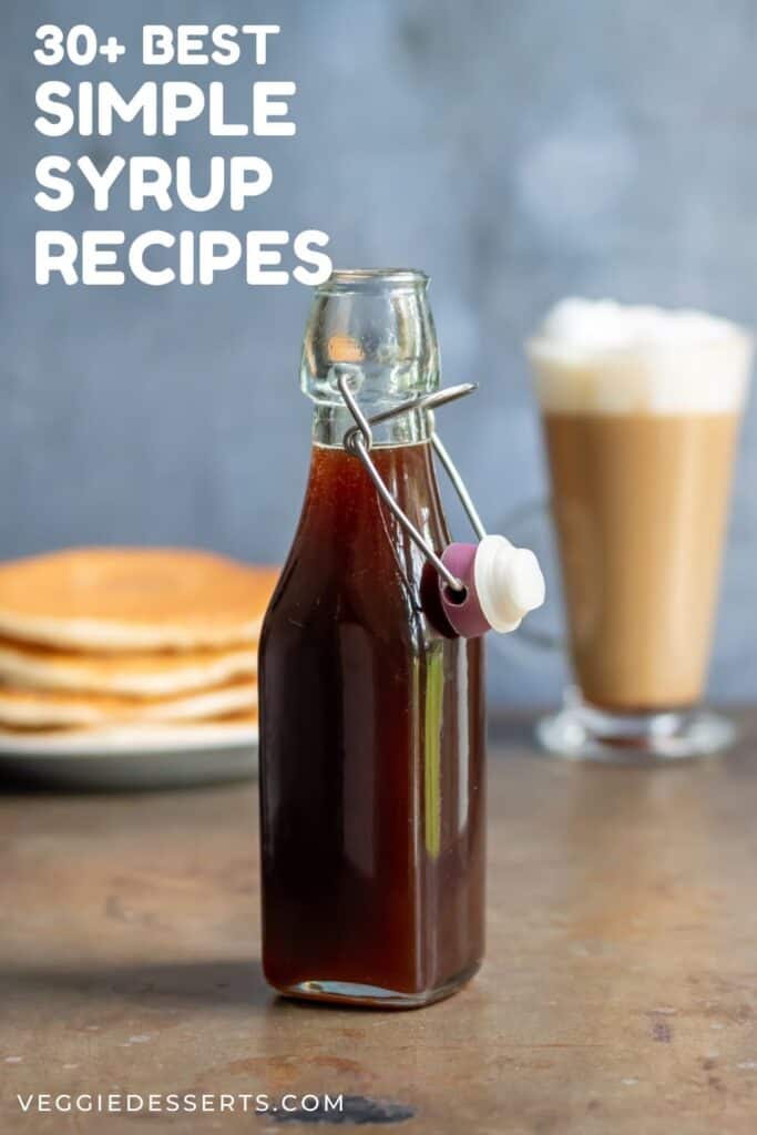 Bottle of syrup with text: 30+ Best Simple Syrup Recipes.