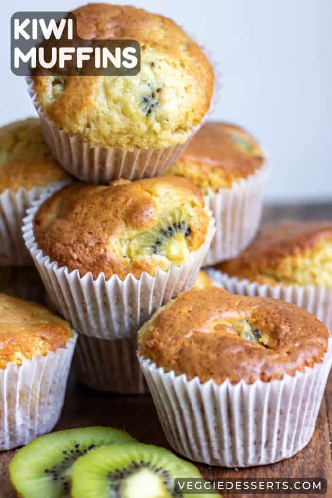 A pile of muffins, with text: Kiwi Muffins.