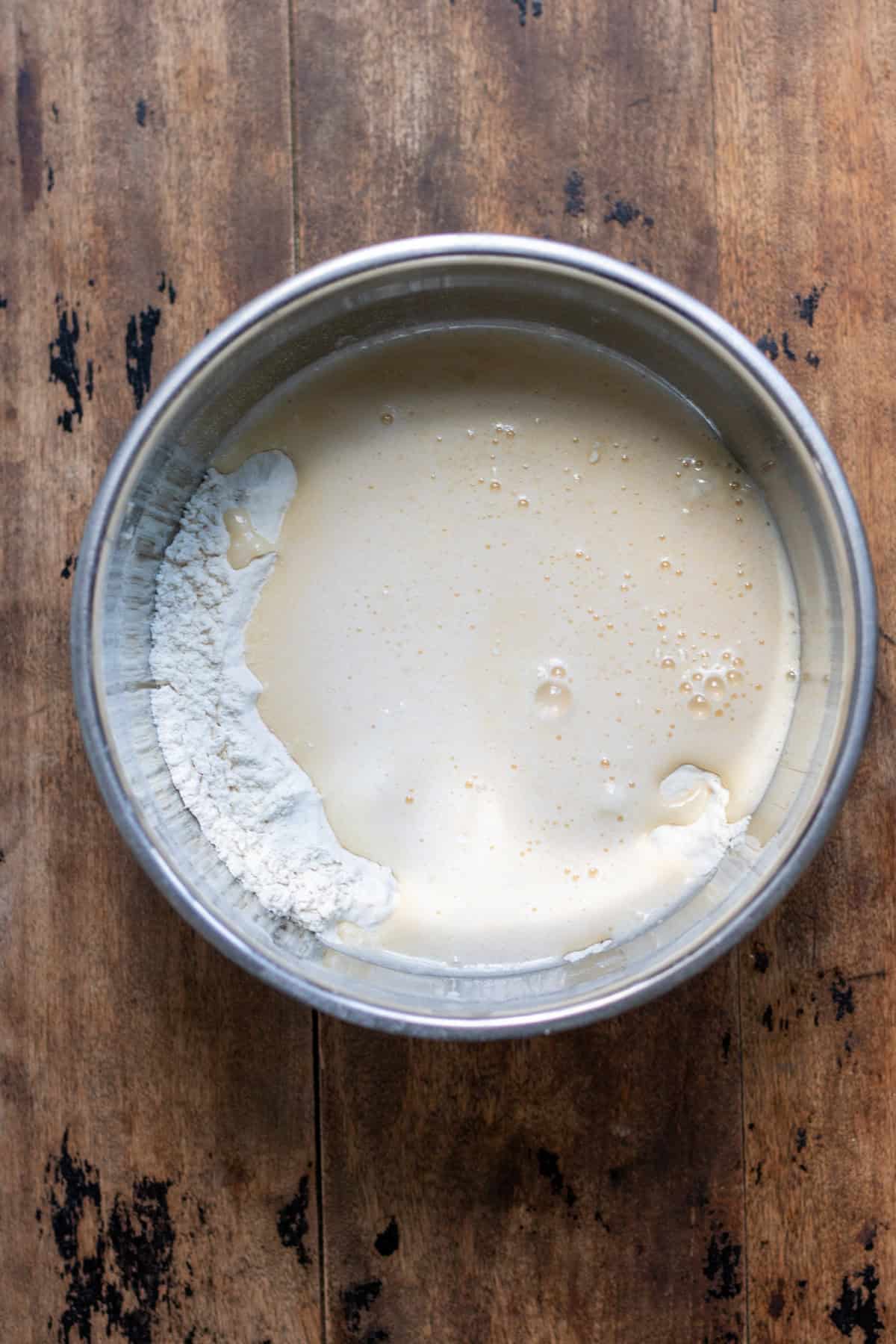 Wet ingredients added to the dry ingredients.