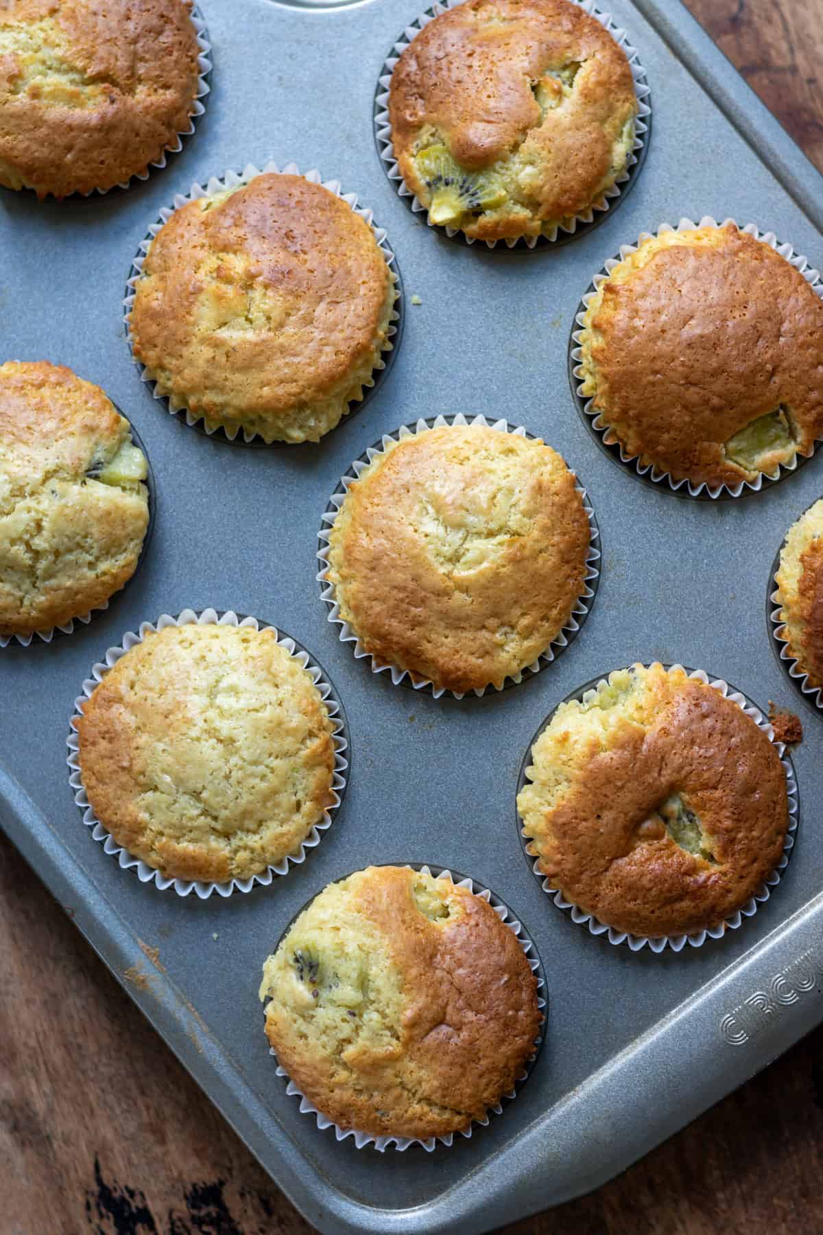 Baked kiwi muffins in a muffin pan.