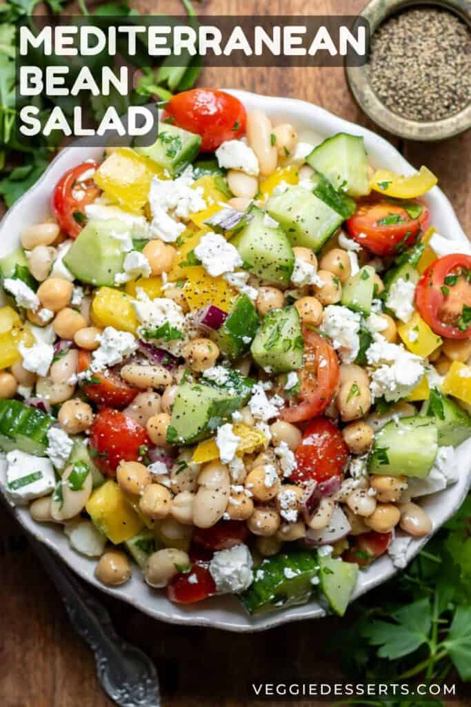 Bowl of salad with text: Mediterranean Bean Salad.