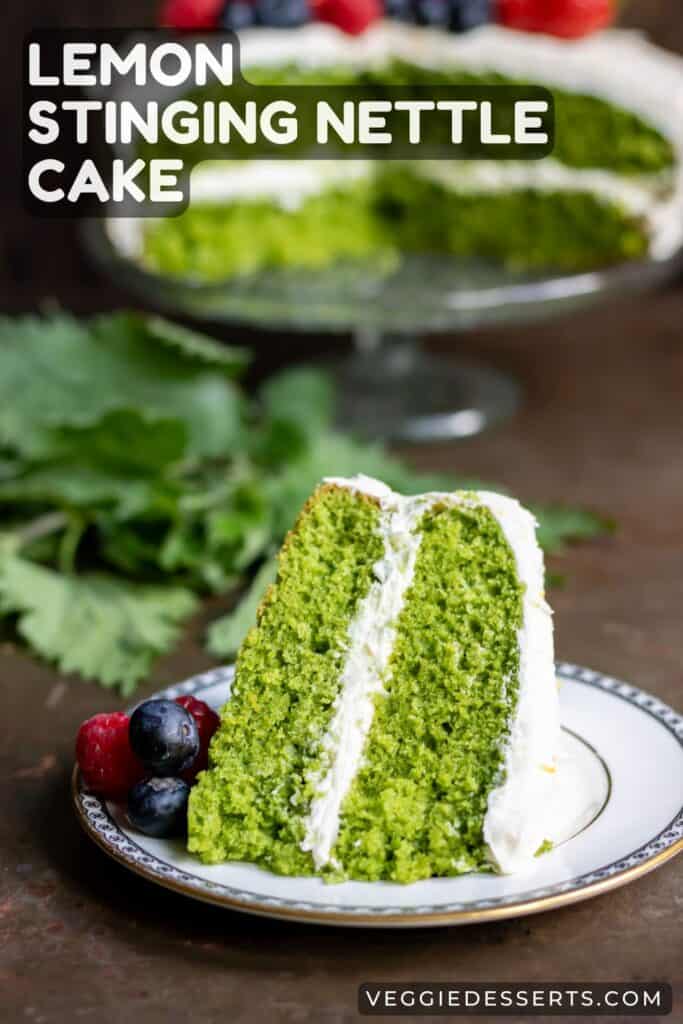 Slice of cake, with text: Lemon Stinging Nettle Cake.