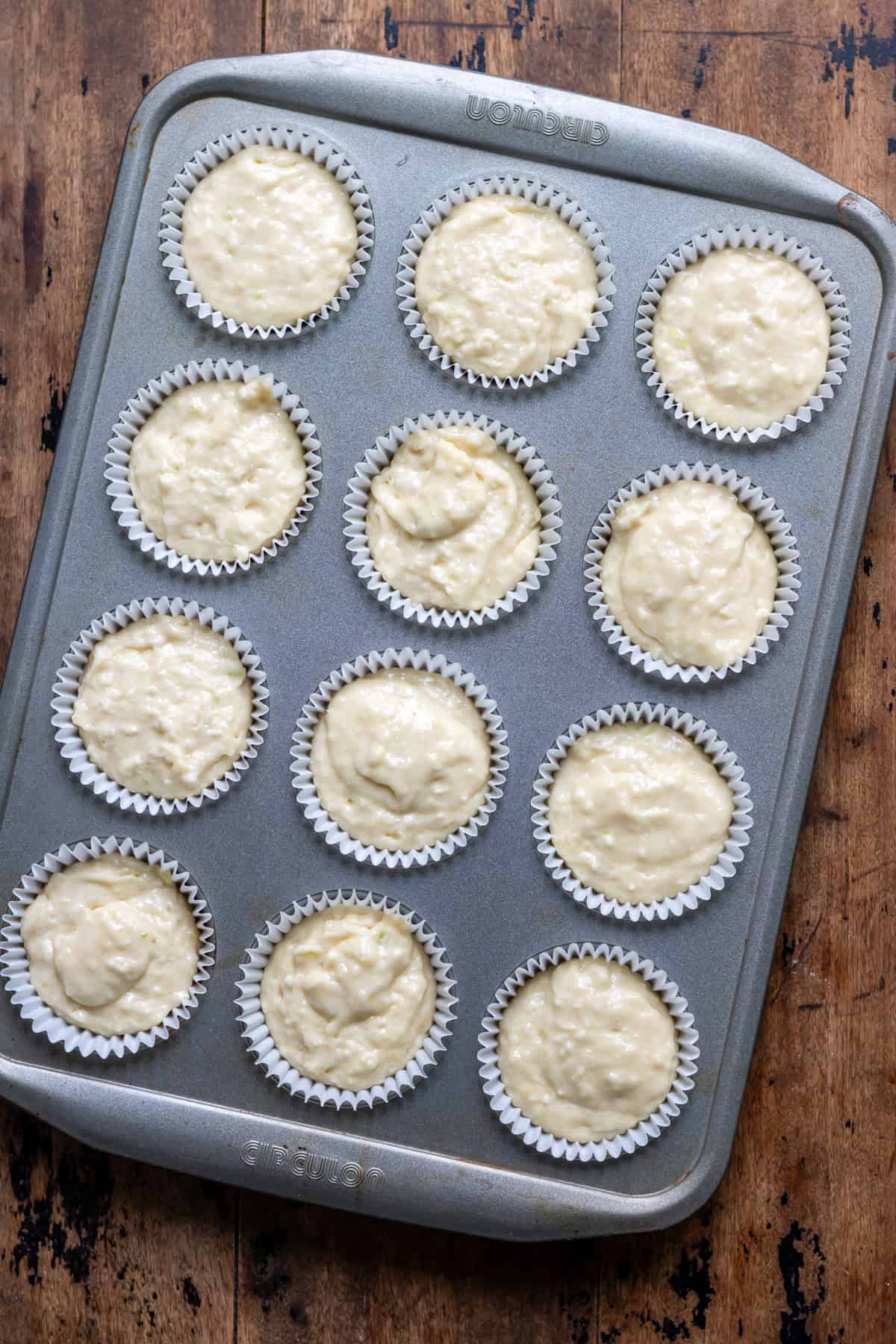 Muffin batter in the muffin pan.