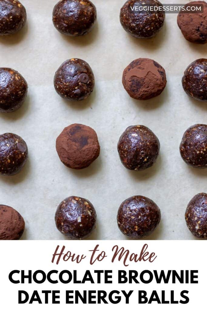 Protein balls, with text: How to Make Chocolate Brownie Date Energy Balls.