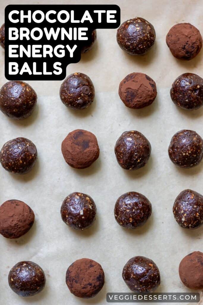 Rows of energy protein balls, with text: Chocolate Brownie Energy Balls.