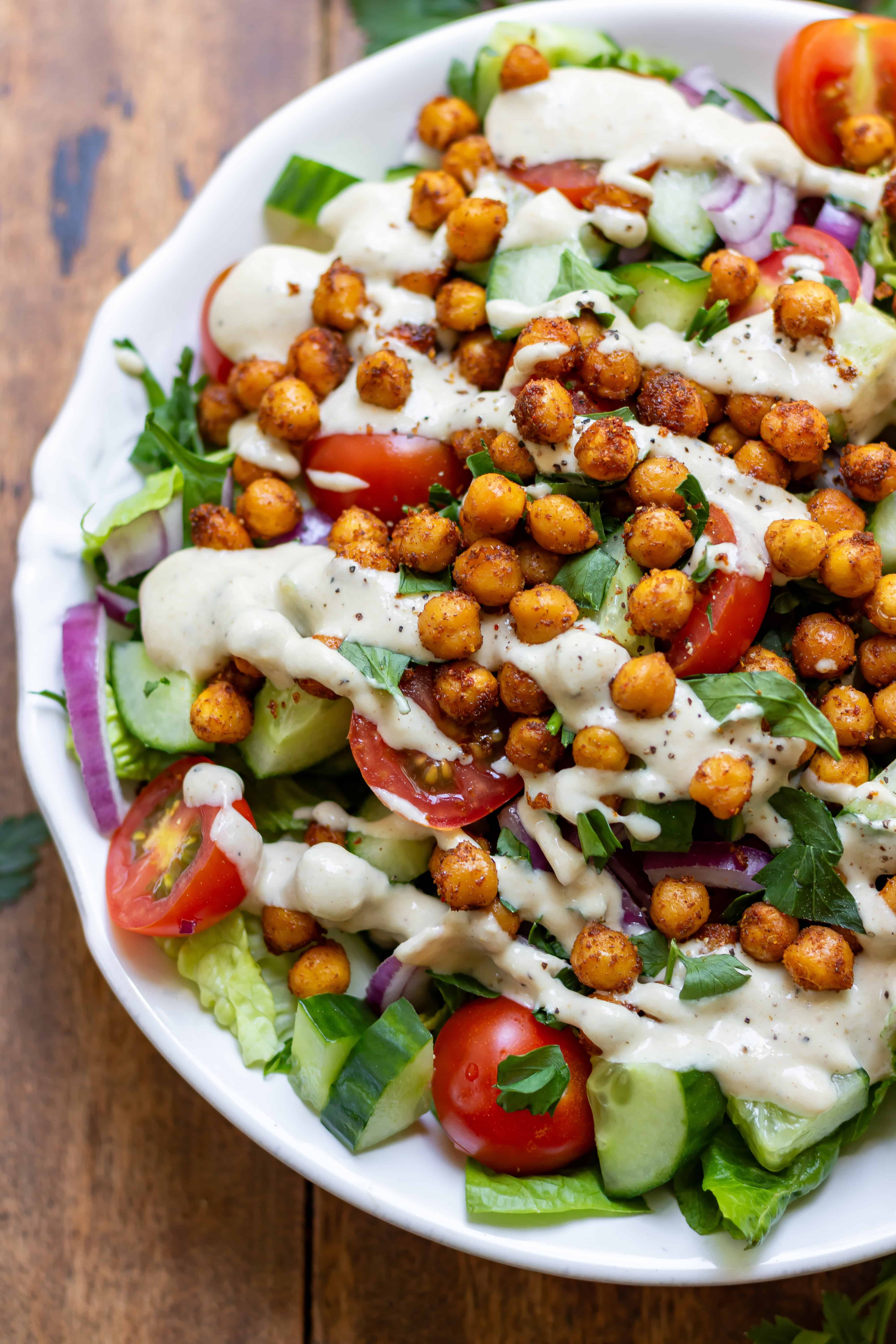 Close up of chickpea shawarma salad in a serving dish.