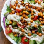 Close up of chickpea shawarma salad in a serving dish.