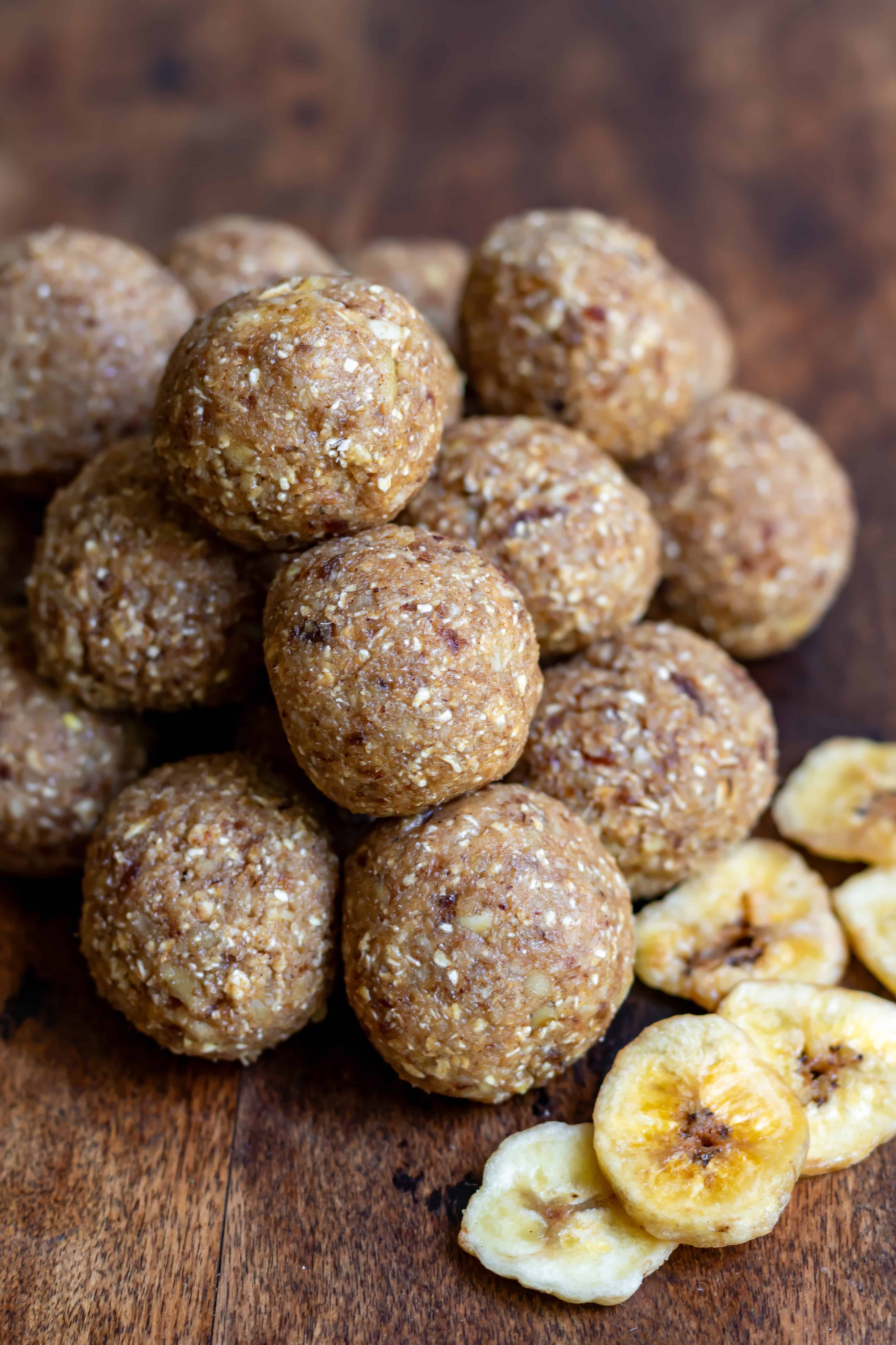 Looking down at a stack of banana bread bliss balls.