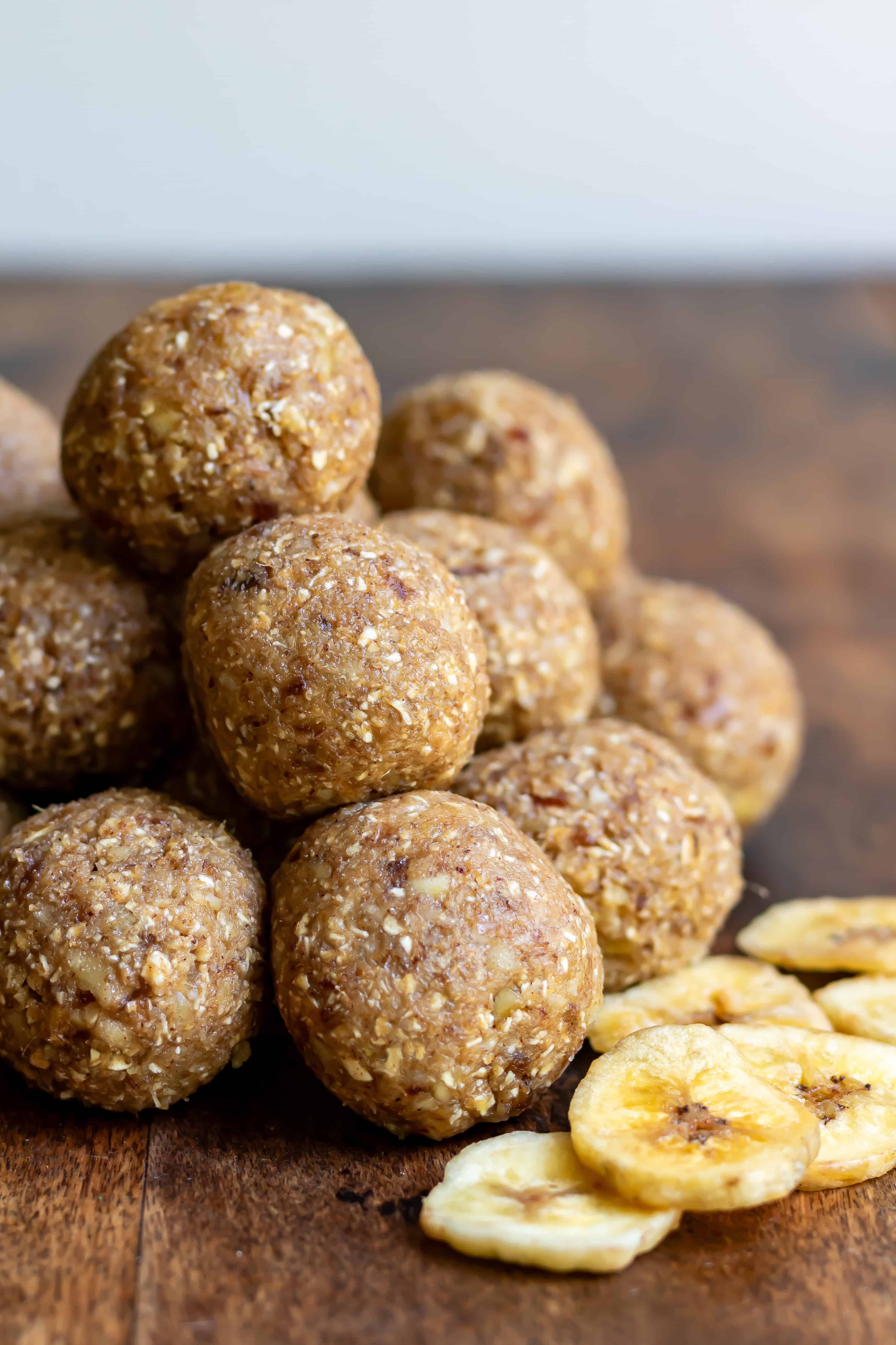 Side view of banana bread energy balls.