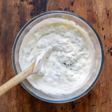 Bowl of quick tzatziki sauce.