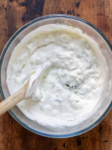 Bowl of quick tzatziki sauce.