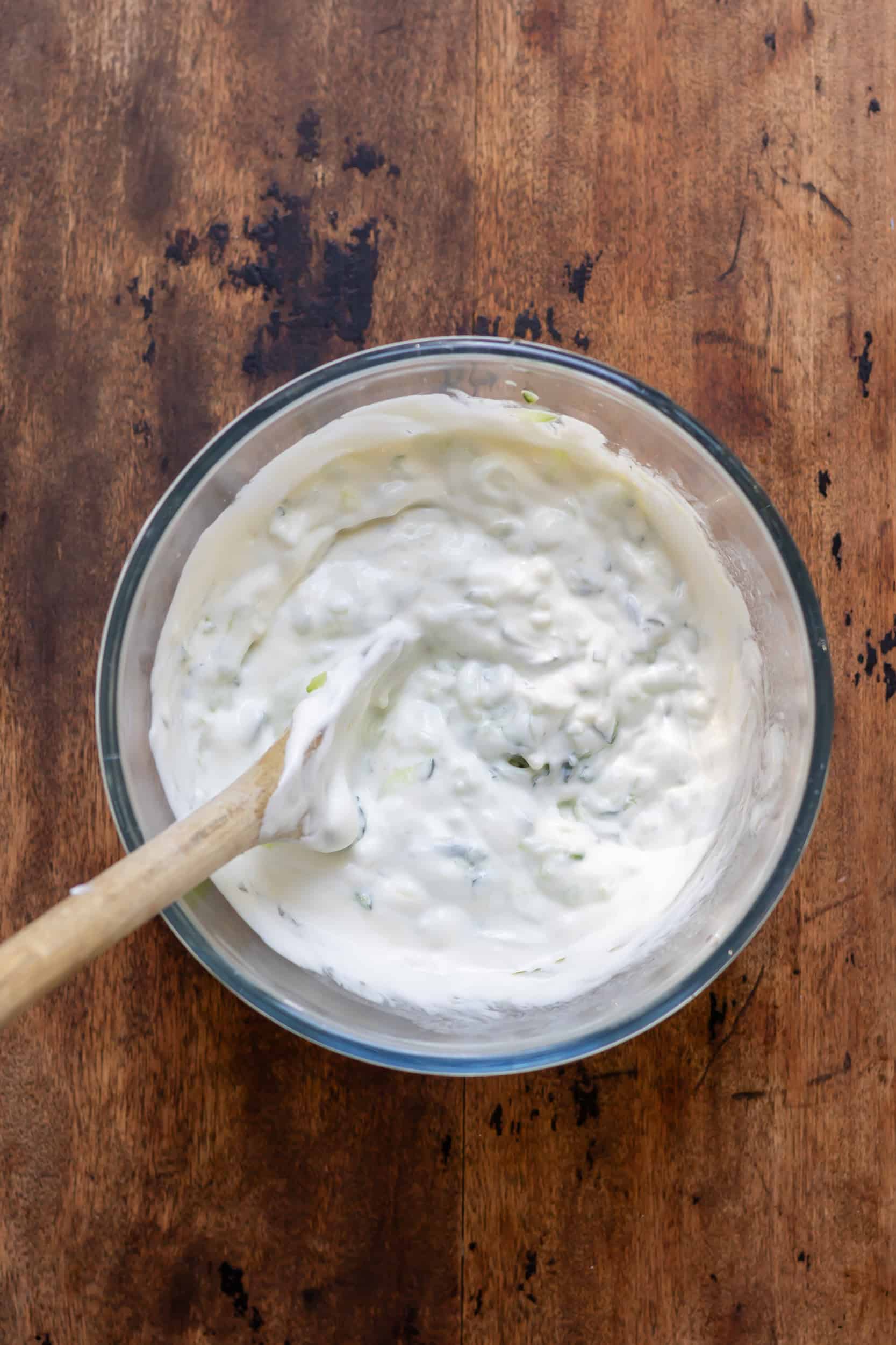 Mixed fresh tzatziki sauce.