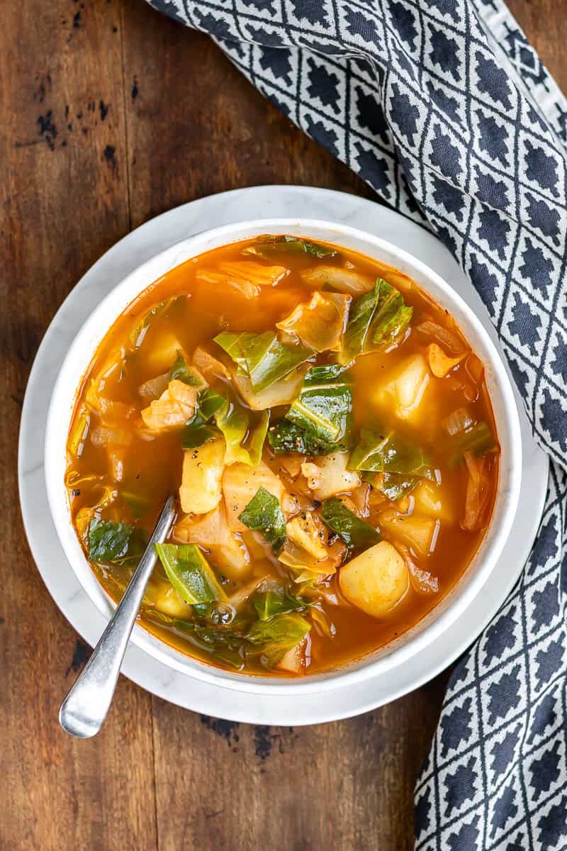 Looking down at a bowl of healthy cabbage soup.
