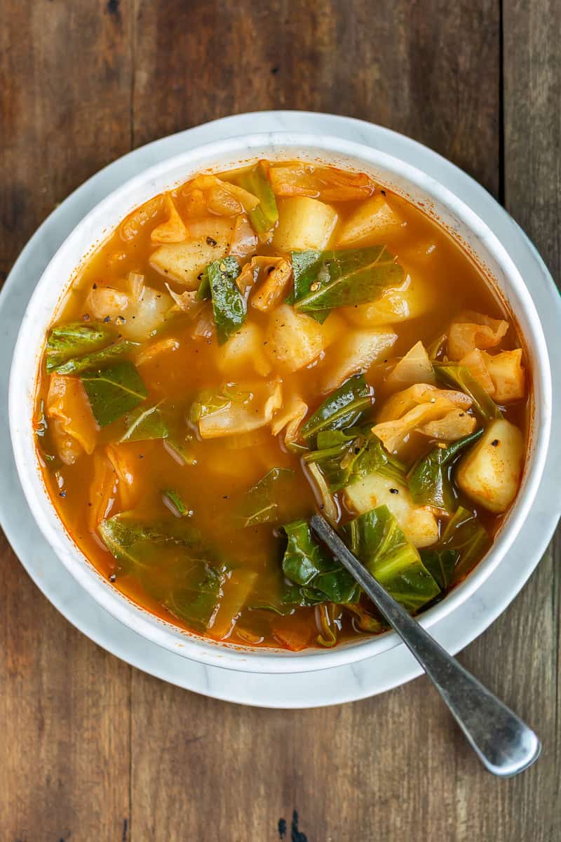 Looking down at a bowl of diet cabbage soup.