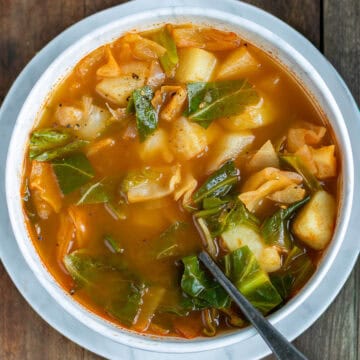 Looking down at a bowl of diet cabbage soup.
