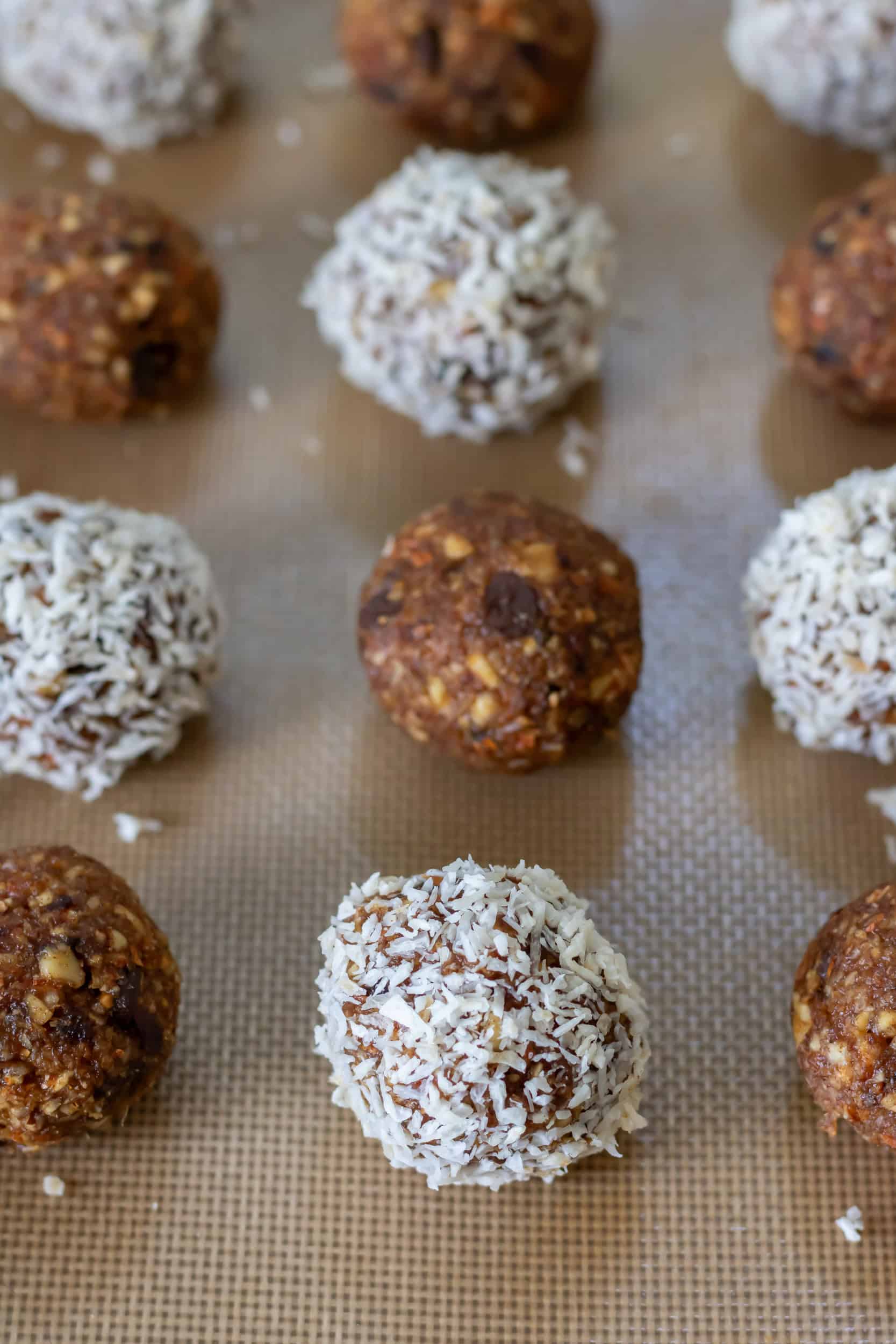 Coconut almond protein balls in rows.