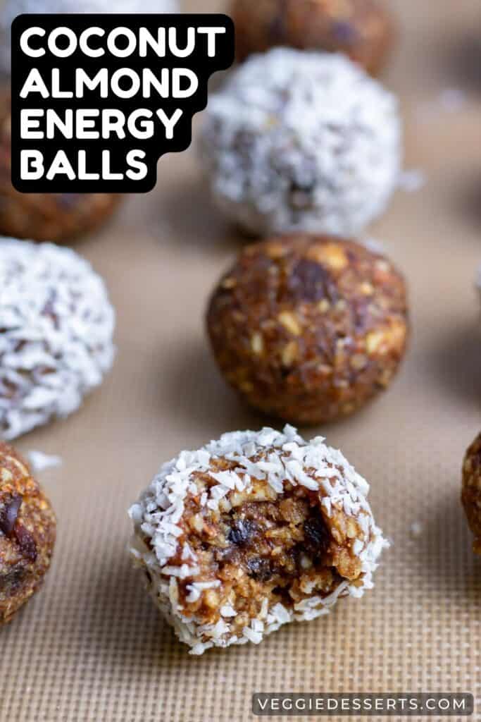 Rows of energy balls, with text: Coconut Almond Energy Balls.