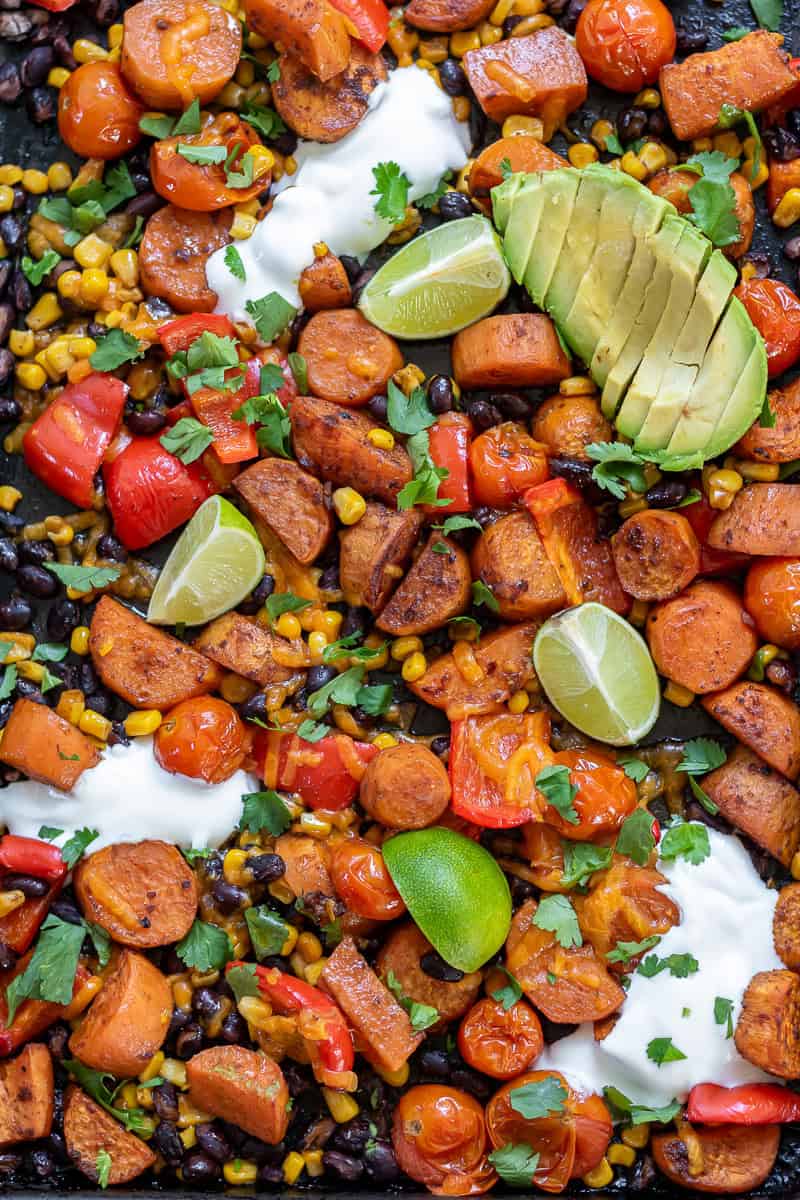 Close up of Mexican Chipotle Sweet Potato and Black Bean bake.